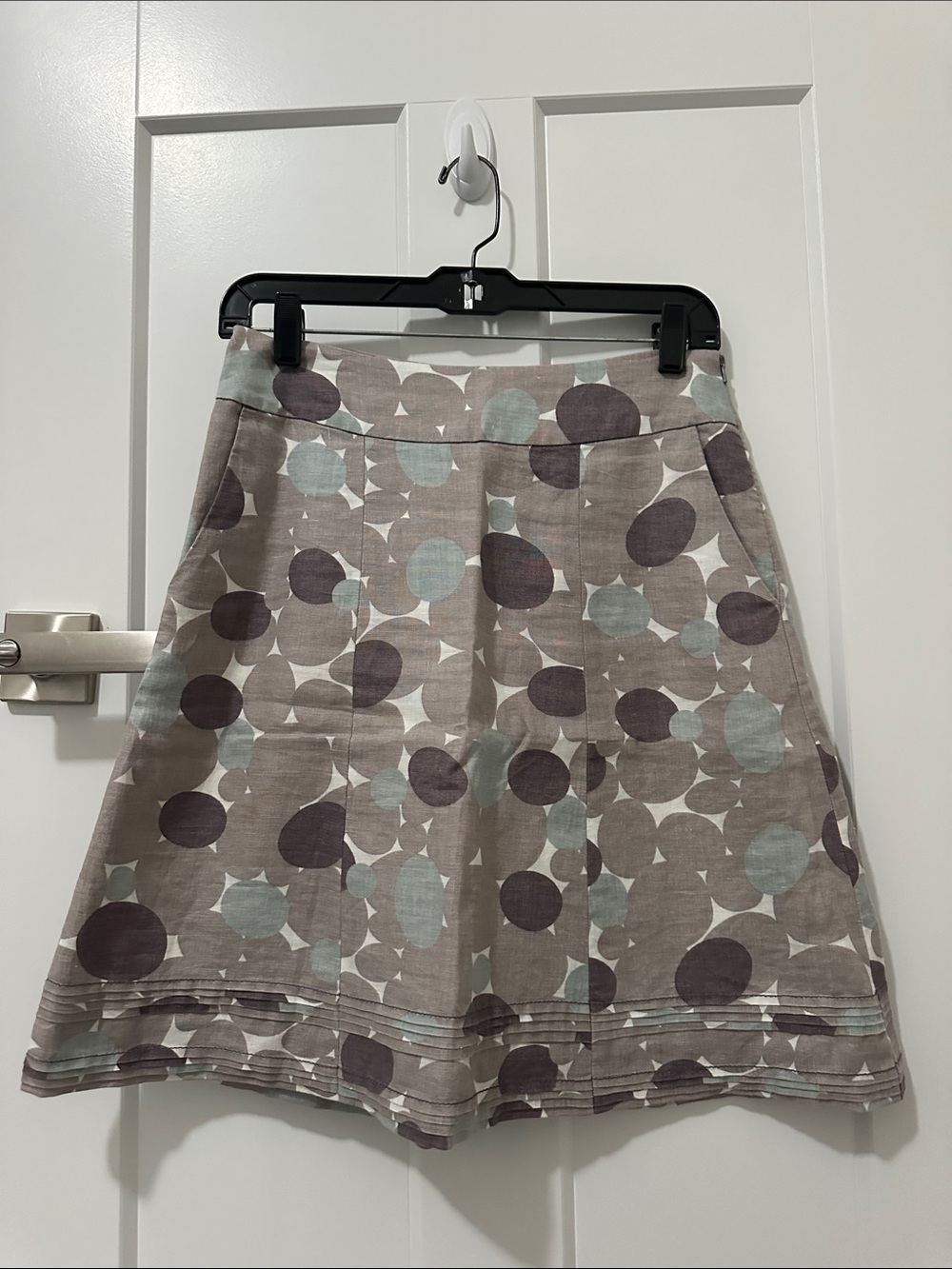 Boden Taupe A-Line Skirt with Mint and Plum Circles